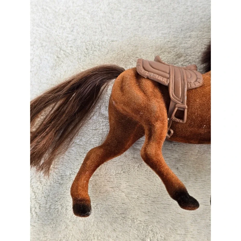 Vintage Flocked Brown Horse Figurine with Saddle and Bridle Toy 5 Inch